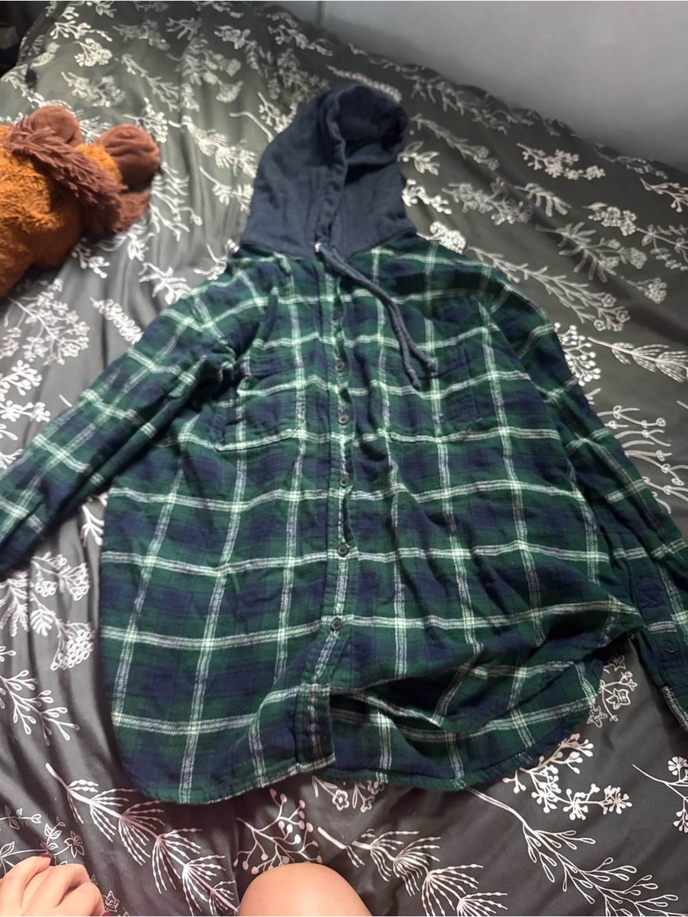 American Eagle Outfitters Green and Navy Plaid Hooded Button-Down Shirt